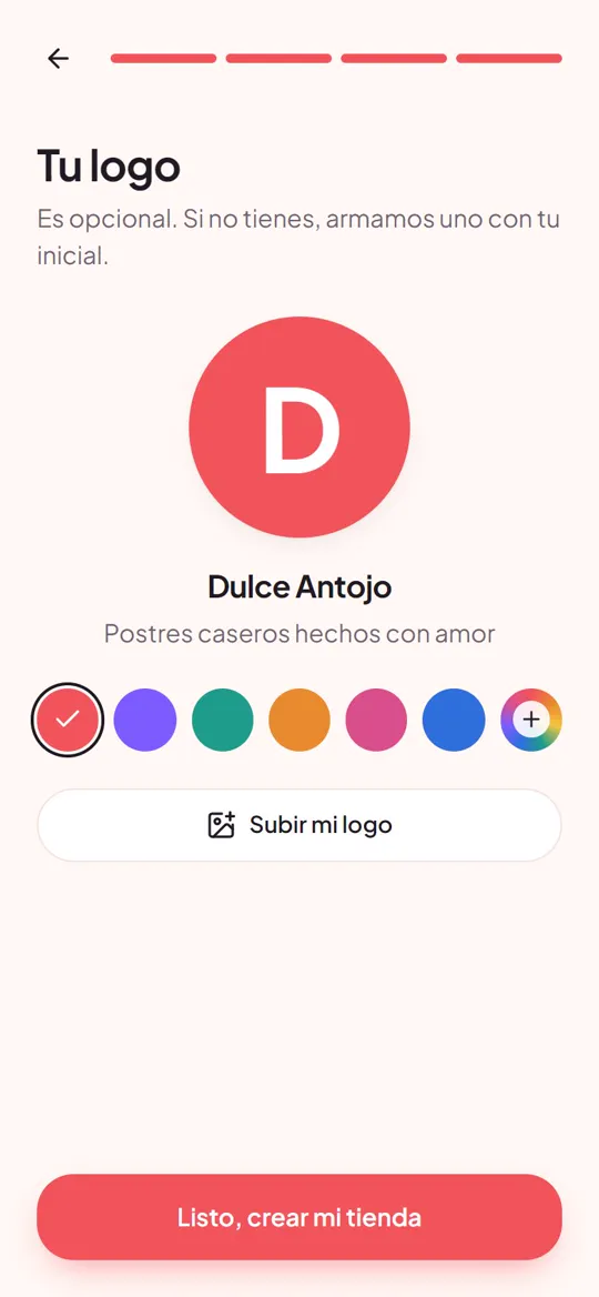 Pantalla para elegir el logo o la inicial con un color