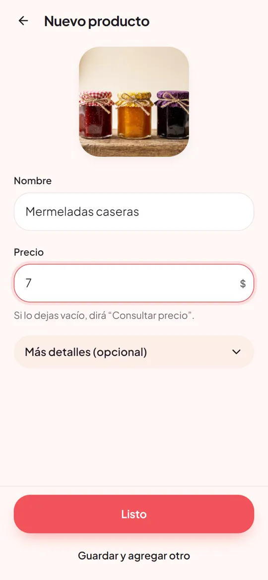 Pantalla para agregar un producto nuevo con foto, nombre y precio