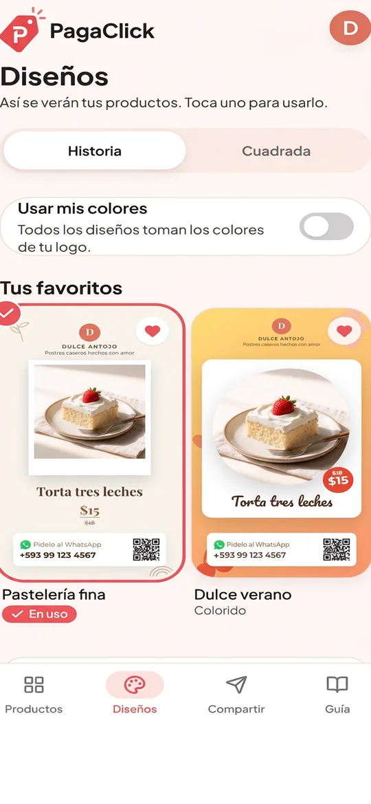 Pantalla de diseños con vistas previas usando los productos de la tienda
