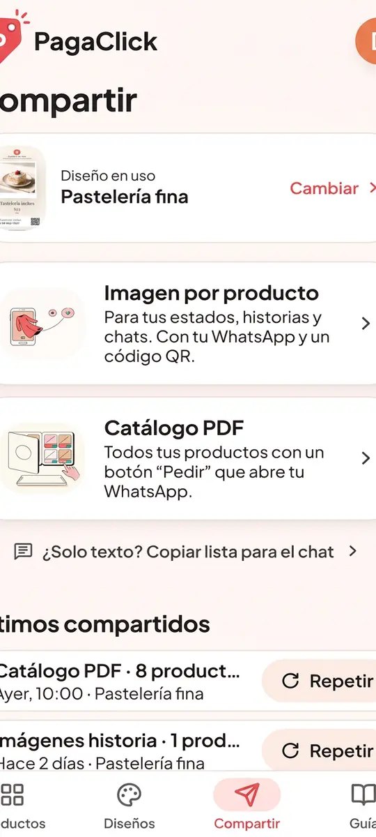Pantalla de compartir con imagen por producto y catálogo PDF