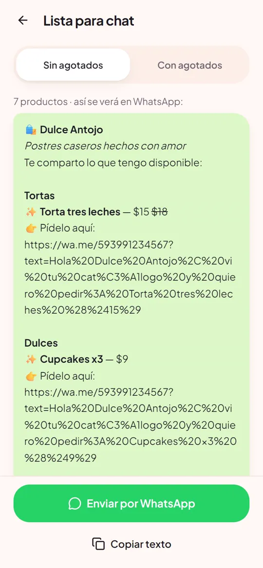 Lista de productos en texto lista para enviar por WhatsApp