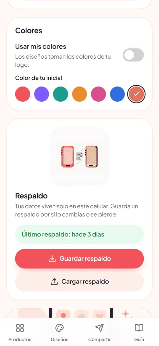Pantalla de respaldo para guardar la tienda