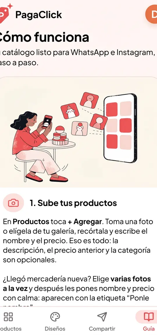 Guía paso a paso dentro de la app