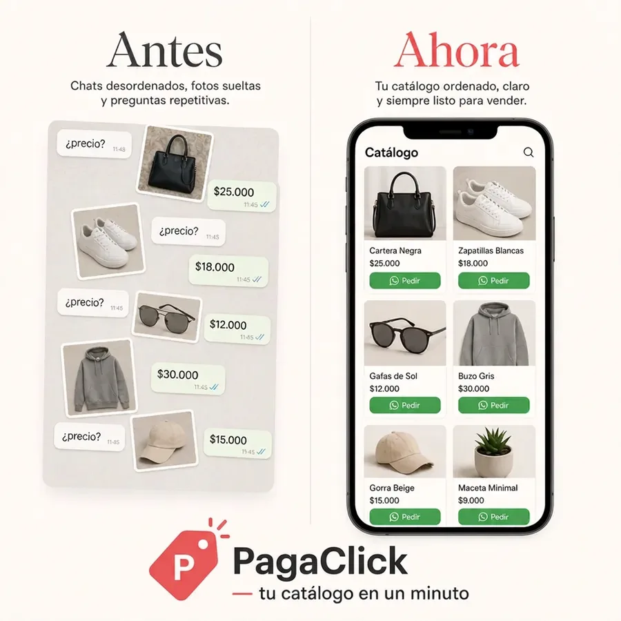 Antes: chats desordenados con fotos sueltas y preguntas de precio. Ahora: catálogo ordenado con botón Pedir