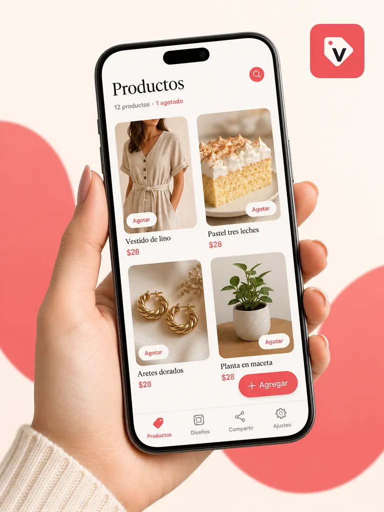 Mano sosteniendo un celular con la lista de productos de la app