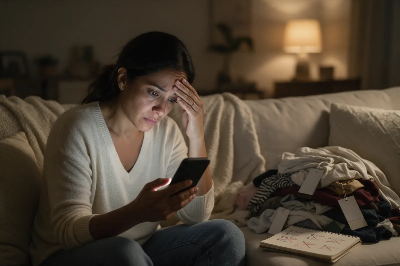 Mujer cansada de noche en el sofá revisando su celular, rodeada de ropa con etiquetas