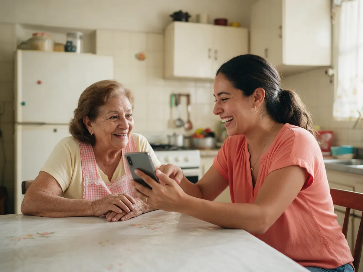Emprendedora orgullosa mostrándole su celular a su mamá, que sonríe impresionada