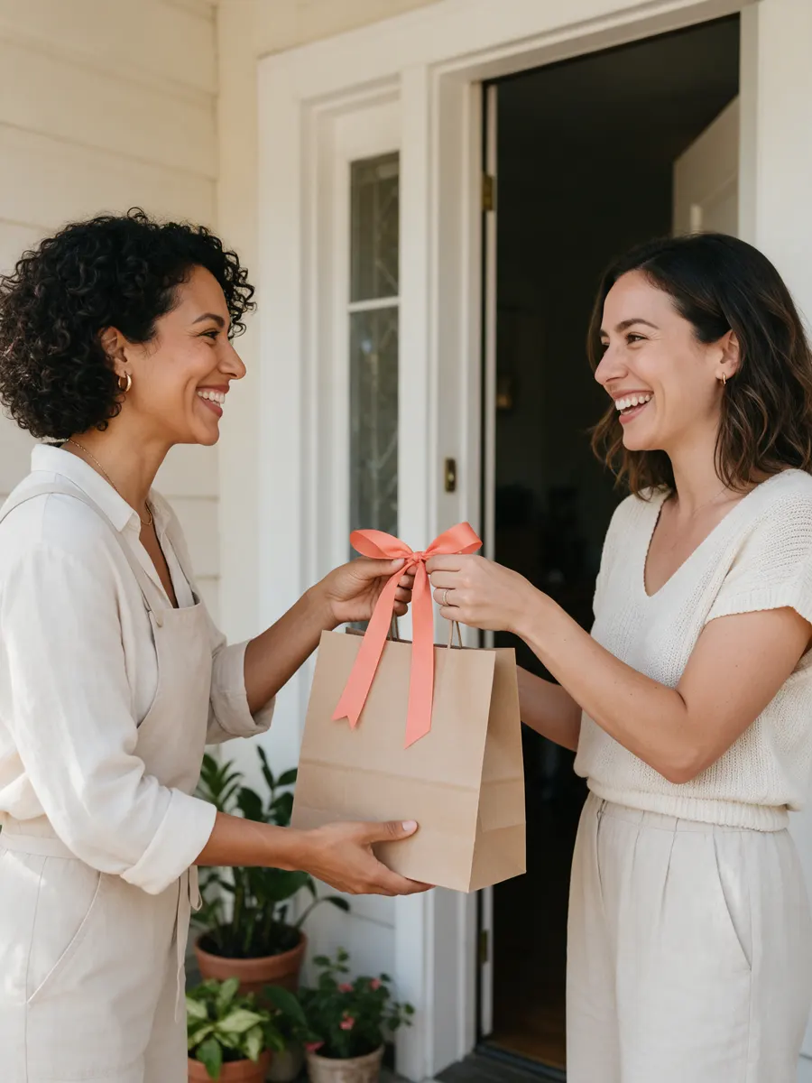 Emprendedora entregando una bolsa con cinta coral a una clienta en la puerta