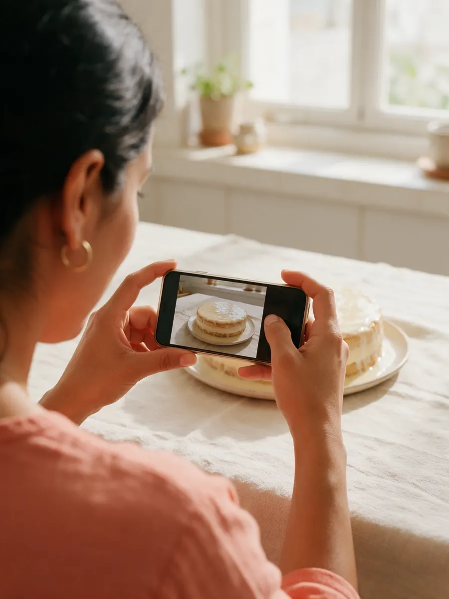 Manos de una mujer fotografiando una torta con su celular