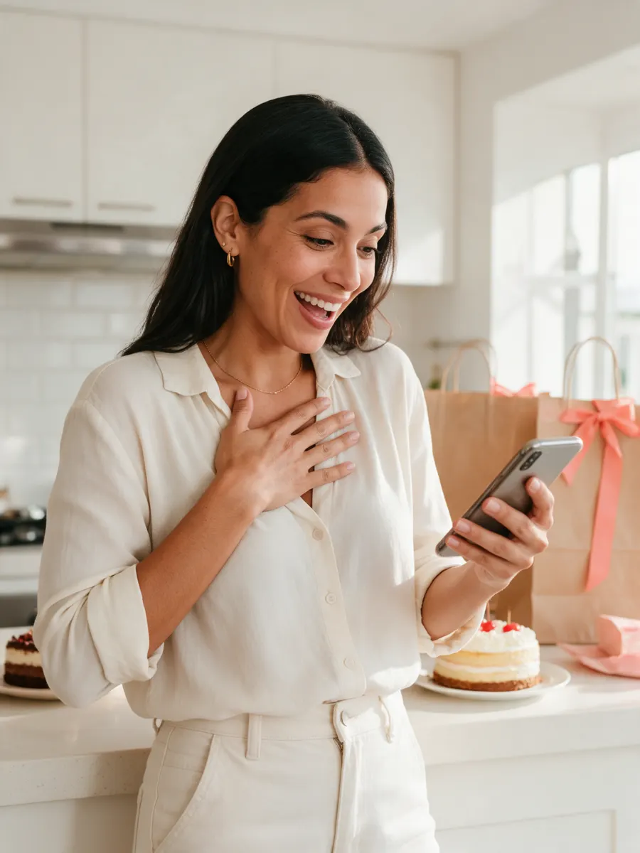 Emprendedora feliz leyendo un mensaje nuevo en su celular en la cocina